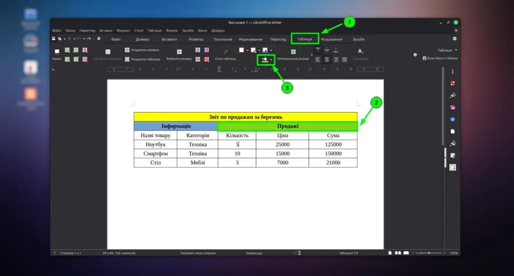 стилізація вмісту таблиці в libreoffice writer