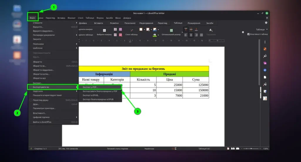 експорт файла із таблицею в PDF libreoffice writer
